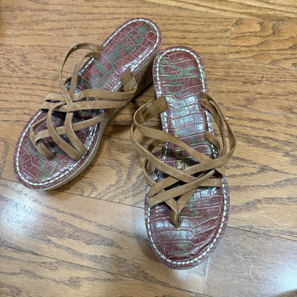 Sam Edelman Women Size 7 Brown Reana Cork Wedge Sandals Strappy